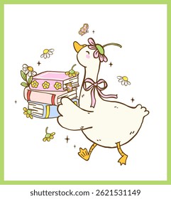 Silly Goose Bookish Spring Animal Reading Cute Cartoon Doodle Illustration with Happy Smile