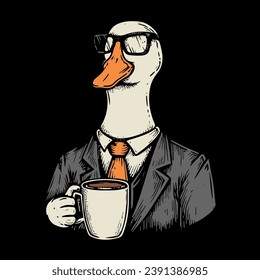 Silly goose drinking coffee wearing a suit and glasses illustration. Funny professional goose hand drawing comic cartoon. Vintage style design vector for print products and t-shirts.