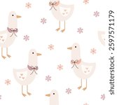 Silly Goose Seamless pattern. Coquette Goose and flowers pattern. Cottagecore hand drawn vector design in flat style