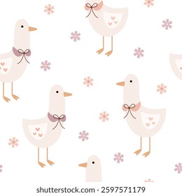 Silly Goose Seamless pattern. Coquette Goose and flowers pattern. Cottagecore hand drawn vector design in flat style