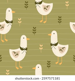 Silly Goose Seamless pattern. Coquette goose and flowers pattern. Cottagecore hand drawn vector design in flat style