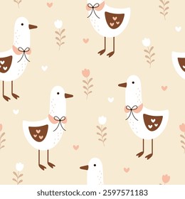 Silly Goose Seamless pattern. Coquette goose and flowers pattern. Cottagecore hand drawn vector design in flat style