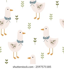 Silly Goose Seamless pattern. Coquette goose and floral pattern. Cottagecore hand drawn vector design in flat style
