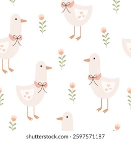 Silly Goose Seamless pattern. Coquette goose and flowers pattern. Cottagecore hand drawn vector design in flat style