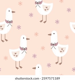 Silly Goose Seamless pattern. Coquette goose and flowers pattern. Cottagecore hand drawn vector design in flat style