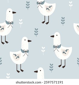 Silly Goose Seamless pattern. Coquette goose and floral pattern. Cottagecore hand drawn vector design in flat style