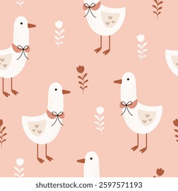 Silly Goose Seamless pattern. Coquette goose and flowers pattern. Cottagecore hand drawn vector design in flat style