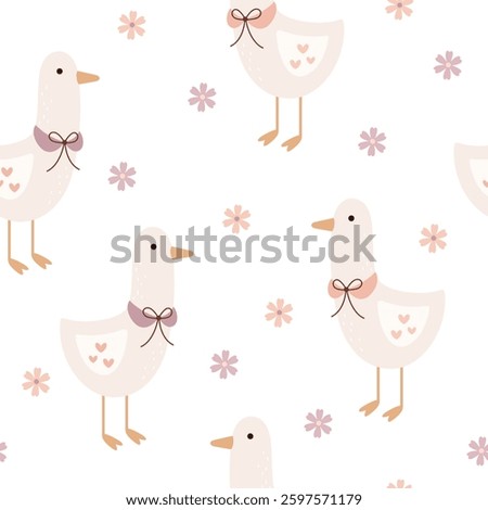 Silly Goose Seamless pattern. Coquette Goose and flowers pattern. Cottagecore hand drawn vector design in flat style