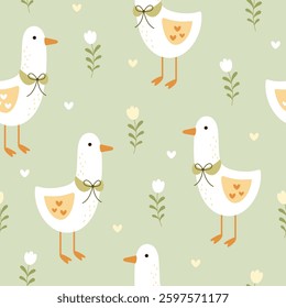 Silly Goose Seamless pattern. Cute Goose and flowers pattern. Cottagecore hand drawn vector design in flat style