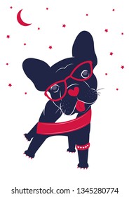 Silly hen do illustration of tipsy french bull dog with sash and glasses, bachelorette, space for name in sash