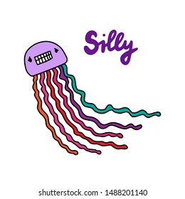 Silly lettering and hand drawn octopus with colorful tentacles cartoon minimalism