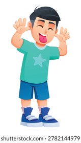 Silly little boy making a funny face by sticking out his tongue and teasing. Vector cartoon character illustration