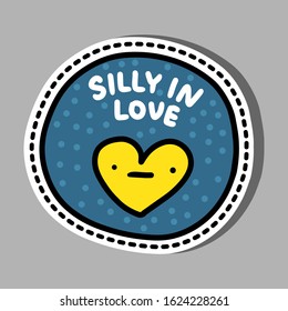 Silly in love hand drawn vector illustration in cartoon comic style yellow heart sticker pin