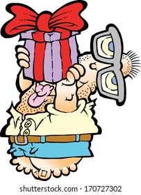 A silly man with glasses and bare feet offering a large present