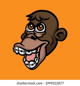 Carácter de mono tonto que muestra dientes grandes con cordones. Mascota vectorial animal. Ilustración aislada en un fondo naranja
