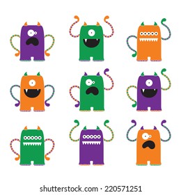 Silly Monsters Vector Clip Art Set. Includes a range of funny monsters graphics on white in a range of Halloween colors. Created using vector software- Adobe Illustrator.