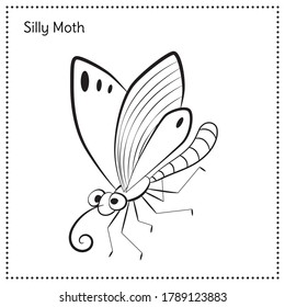 Silly moth flies with spread legs. Comic illustration. Outline vector image.