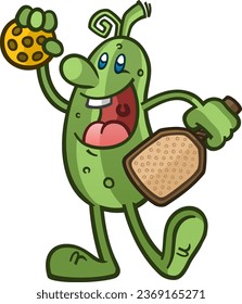 Silly pickle cartoon mascot character with a goofy look on his face holding a pickleball and a paddle with a big toothy grin on his face