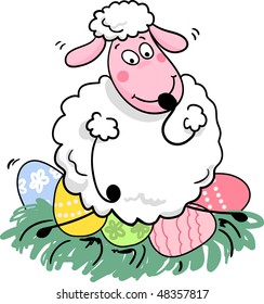 silly sheep sitting on easter eggs