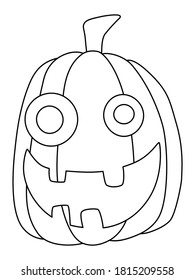 Silly smiling face carved pumpkin simple black and white stock vector illustration. Foolish halloween pumpkin vertical printable coloring page for kids and adults. One of a series.