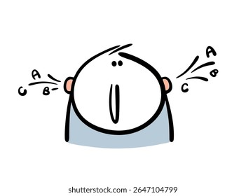 Silly stickman listens, but does not understand the meaning of the words. Vector illustration of a carefree man. Letters fly in and out of one ear.