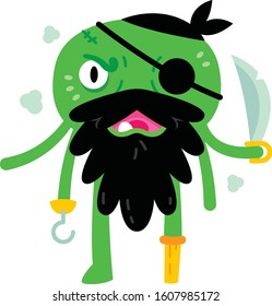 Silly vector, cute and funny angry pirate monster character. 