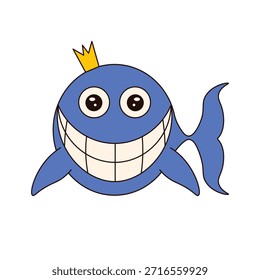 Silly vector Whale with big smile and crown isolated transparent background. Simple Whale queen. Perfect kid t-shirt print nursery art and children room wall decor. EPS 10 Editable stroke