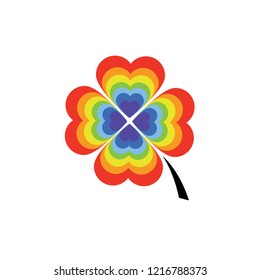 Silmple clover with pride flag rainbow color and heart-shaped leaves. LGBTQ Community vector illustration