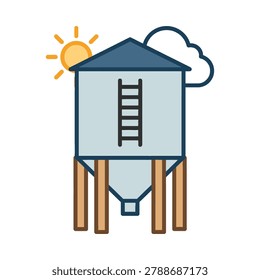 Silo storage icon with sun and cloud agriculture building structure industry