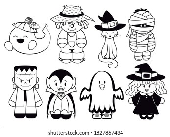 SILOHUETTE CLIP ART OF HALLOWEEN CHARACTERS, GHOST, WITCH, SCARECROW, BLACK CAT, MUMMY, FRANKENSTEIN AND VAMPIRE