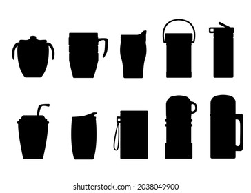 Silouette set of thermos, mug, drinker, cup with lid, straw, paper cup. Vector isolated illustration, white background.