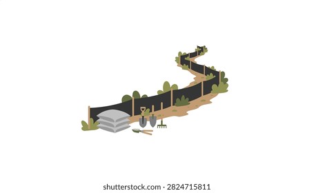 Silt fence installation kit featuring landscape construction tools and sediment control materials on a dirt path for erosion management projects.