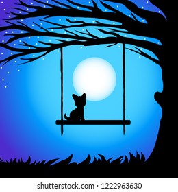 siluet branches of tree with cat on the swing against the night sky in a full moon