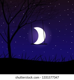 siluet branches of tree with swing against the night sky in a moon