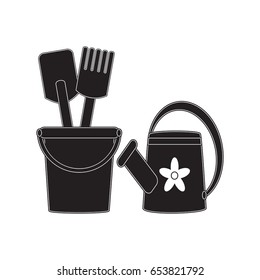 Siluet Children's toys for the beach: bucket, watering can, rake, shovel. Vector illustration.