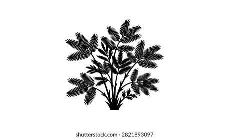 Siluet hitam minimalis dari semak kecil dengan daun berbulu.