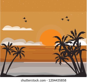 siluet sunset the beach of palm tree 