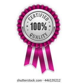 Silver 100 percent certified quality badge, rosette with purple ribbon