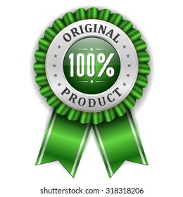 Silver 100 percent original rosette with green ribbon on white background
