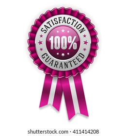 Silver 100 percent satisfaction guaranteed badge, rosette with purple ribbon