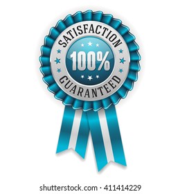 Silver 100 percent satisfaction guaranteed badge, rosette with blue ribbon