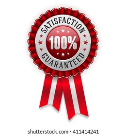 Silver 100 percent satisfaction guaranteed badge, rosette with red ribbon