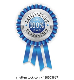 Silver 100 percent satisfaction guaranteed badge, rosette with blue ribbon