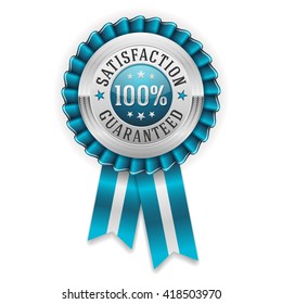 Silver 100 percent satisfaction guaranteed badge, rosette with blue ribbon