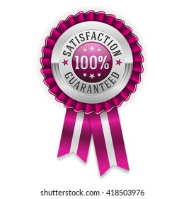 Silver 100 percent satisfaction guaranteed badge, rosette with purple ribbon