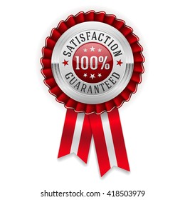 Silver 100 percent satisfaction guaranteed badge, rosette with red ribbon