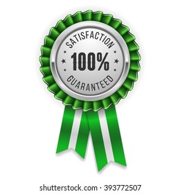 Silver 100 percent satisfaction rosette, badge with green ribbon