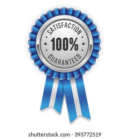 Silver 100 percent satisfaction rosette, badge with blue ribbon