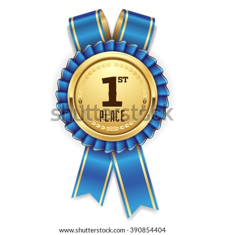 Silver 1st place rosette, badge with blue ribbon on white background
