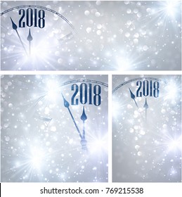 Silver 2018 New Year shining backgrounds set with clock. Vector Christmas illustration.
